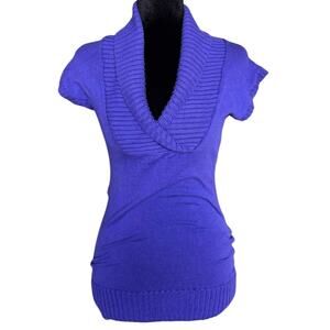 Say What Purple Cowl Neck Sweater Top Short Sleeve Ribbed Trim Juniors Medium